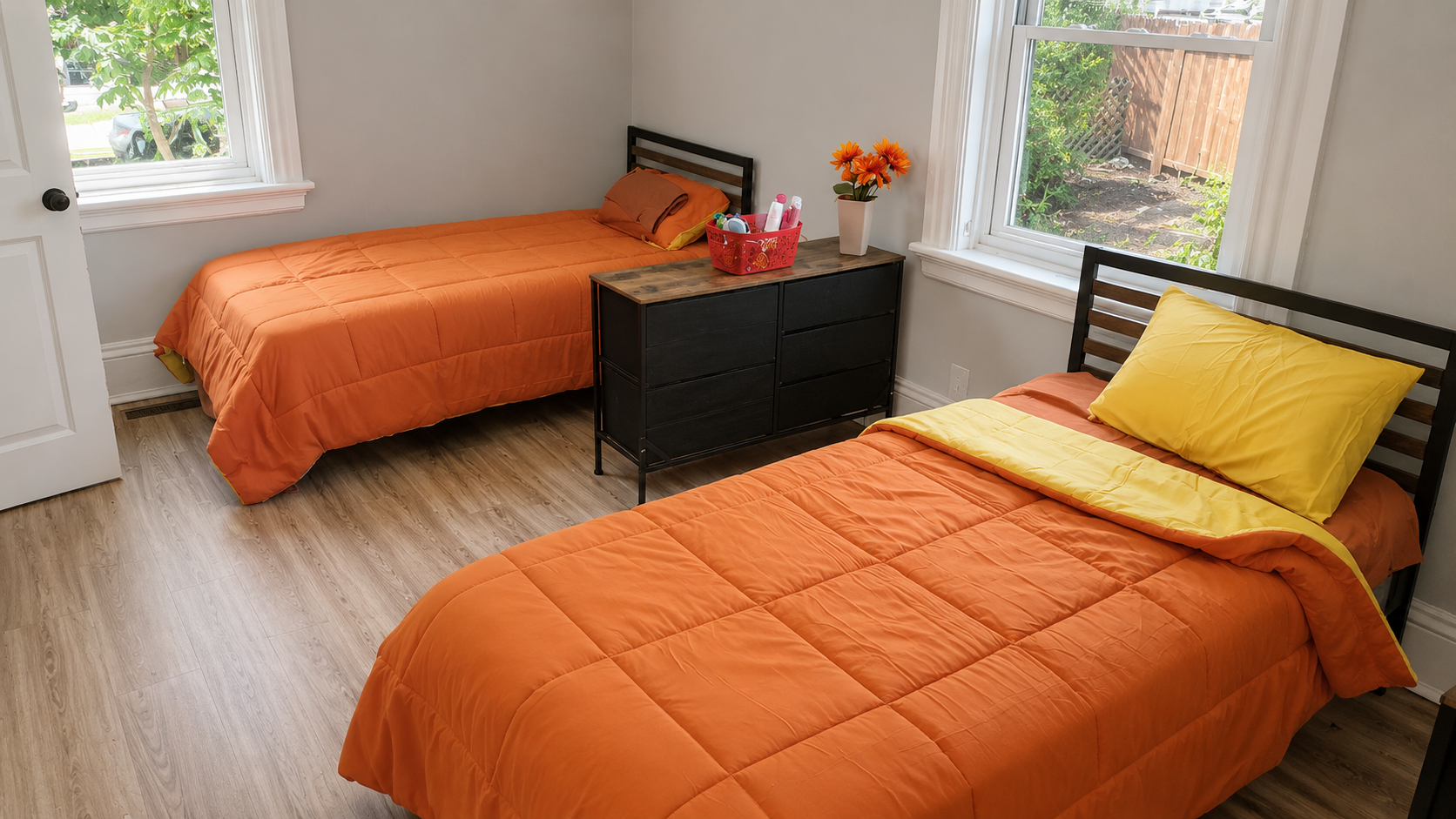 Bright bedroom with two beds